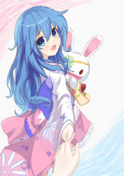 Rule 34 | 1girl, absurdres, bingqianlan ka, blue eyes, blue hair, blush, commentary request, date a live, eyepatch, floral print, hair between eyes, hand puppet, happy, highres, holding hands, japanese clothes, kimono, long hair, looking at viewer, obi, open mouth, pov, pov hands, puppet, revision, sash, solo, solo focus, stuffed animal, stuffed rabbit, stuffed toy, white background, yoshino (date a live), yoshinon