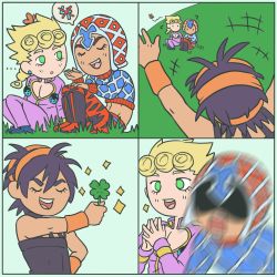 Rule 34 | 3boys, :d, absurdres, argyle, argyle clothes, argyle sweater, arms up, black choker, black hair, blonde hair, blue sky, boots, bug, butterfly, choker, closed eyes, clover, comic, earrings, four-leaf clover, gamusaur, giorno giovanna, green eyes, guido mista, hairband, hat, headband, highres, insect, jewelry, jojo no kimyou na bouken, male focus, motion blur, multiple boys, narancia ghirga, open mouth, orange hairband, outdoors, pants, purple pants, red pants, sitting, sky, smile, speech bubble, stud earrings, sweater, turtleneck, vento aureo, wristband