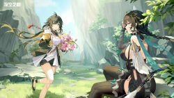 Rule 34 | 2girls, aether gazer, arm up, artist request, bare back, bare shoulders, black gloves, black hair, black leotard, blonde hair, blue eyes, bouquet, braid, breasts, brown thighhighs, detached sleeves, elbow gloves, floating hair, flower, gloves, highres, holding, holding bouquet, jacket, jinwu (aether gazer), large breasts, leotard, long hair, low twintails, multicolored hair, multiple girls, official art, open clothes, open jacket, partially fingerless gloves, pink flower, shirt, short sleeves, sideboob, single braid, sitting, thighhighs, thighs, twintails, two-tone hair, white shirt, yellow eyes, ying zhao (aether gazer)