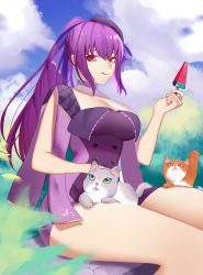 Rule 34 | 1girl, :3, absurdres, alex (alex-xander), alternate costume, alternate hairstyle, animal ears, blue sky, breasts, cat, cat ears, cat tail, cleavage, cloud, cloudy sky, day, dress, fate/grand order, fate (series), food, highres, large breasts, licking lips, looking at viewer, outdoors, ponytail, popsicle, scathach (fate), scathach skadi (fate), sky, smile, strapless, strapless dress, tail, tongue, tongue out, tube dress, watermelon bar