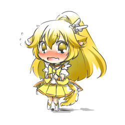 Rule 34 | 10s, 1girl, animal ears, bad id, bad pixiv id, blonde hair, blush, boots, bow, chibi, cure peace, dog ears, dog tail, hair flaps, hair ornament, kemonomimi mode, kise yayoi, long hair, lowres, magical girl, open mouth, ponytail, precure, rebecca (keinelove), shirt, sitting, skirt, skirt set, smile precure!, solo, tail, tears, wavy mouth, white background, wide ponytail, yellow bow, yellow eyes, yellow skirt, yellow theme