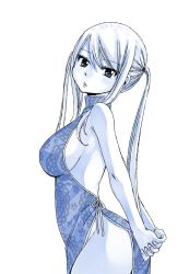 Rule 34 | 1girl, bare legs, blonde hair, breasts, chinese clothes, curvy, dress, fairy tail, female focus, hair between eyes, large breasts, long hair, looking at viewer, lucy heartfilia, mashima hiro, monochrome, no bra, official art, simple background, solo
