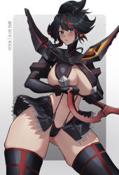 Rule 34 | 1girl, absurdres, aelion draws, alternate breast size, areola slip, artist name, black gloves, black hair, black panties, black thighhighs, blue eyes, breasts, cleavage, closed mouth, contrapposto, cowboy shot, eyes visible through hair, gloves, hand over face, highleg, highleg panties, highres, holding, holding sword, holding weapon, kamui (kill la kill), kill la kill, large breasts, long bangs, long hair, looking at viewer, matoi ryuuko, midriff, miniskirt, multicolored clothes, multicolored hair, multicolored legwear, navel, panties, patreon username, purple background, red hair, revealing clothes, scissor blade (kill la kill), senketsu, short hair, signature, skirt, solo, spread legs, standing, sword, thighhighs, thighs, two-tone background, two-tone hair, underwear, v-shaped eyebrows, weapon