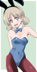 Rule 34 | 1girl, :d, aki (girls und panzer), animal ears, arm behind back, bare shoulders, black pantyhose, blue bow, blue bowtie, blue leotard, bow, bowtie, breasts, bright pupils, collar, commentary, covered navel, cowboy shot, detached collar, fake animal ears, girls und panzer, green background, green eyes, hair tie, highleg, highleg leotard, highres, leotard, light brown hair, looking at viewer, low twintails, open mouth, pantyhose, playboy bunny, ponzu rui, rabbit ears, short hair, short twintails, small breasts, smile, solo, standing, strapless, strapless leotard, twintails, white collar, white pupils, wing collar, wrist cuffs