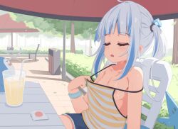 Rule 34 | 1girl, alternate costume, areola slip, bare arms, bare shoulders, bloop (gawr gura), blue hair, breasts, camisole, closed eyes, commentary, day, denim, denim shorts, english commentary, gawr gura, grey hair, hand up, highres, hololive, hololive english, hot, long hair, multicolored hair, outdoors, revision, shorts, sitting, small breasts, solo, strap slip, striped camisole, summer, sunglasses, sweat, tenroy, twintails, two-tone hair, virtual youtuber, wristband