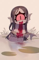 1girl black_hair blood blood_from_mouth blood_on_face cyclops exposed_bone fangs fins fish fish_bone head_fins highres lily_pad long_hair mermaid monster_girl navel nude one-eyed original partially_submerged red_eyes smile zombiemiso