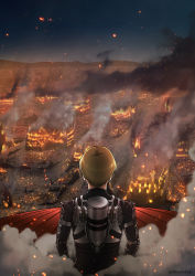 Rule 34 | 1boy, absurdres, armin arlert, blonde hair, colossal titan, destruction, embers, fire, from above, from behind, highres, looking away, male focus, official alternate costume, scene reference, shin oekaki, shingeki no kyojin, smoke, solo, spoilers, three-dimensional maneuver gear, titan (shingeki no kyojin), upper body