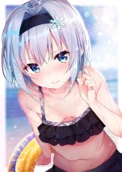 Rule 34 | 10s, 1girl, bikini, black hairband, blue eyes, blurry, blush, breasts, breasts apart, cleavage, commentary request, day, depth of field, downblouse, frilled bikini, frills, hair ornament, hairband, innertube, leaning forward, looking at viewer, navel, outdoors, rouka (akatyann), ryuuou no oshigoto!, short hair, silver hair, small breasts, snowflake hair ornament, solo, sora ginko, swim ring, swimsuit, wet