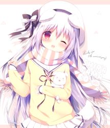 Rule 34 | 1girl, ;&gt;, animal ears, black bow, blush, bow, commentary request, dog ears, dog girl, dog tail, hair between eyes, hair bow, head tilt, long hair, looking at viewer, multicolored clothes, multicolored scarf, open mouth, original, pleated, pleated skirt, red eyes, scarf, shiratama (shiratamaco), shiroi inu, simple background, skirt, solo, striped clothes, striped scarf, stuffed animal, stuffed toy, tail, white bow, white hair