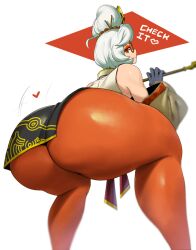 Rule 34 | ass, bare shoulders, black gloves, black skirt, closed mouth, cowboy shot, detached sleeves, eyeshadow, from behind, glasses, gloves, grey hair, hair bun, heart, highres, huge ass, long sleeves, looking back, makeup, nintendo, pantyhose, purah, red-framed eyewear, red eyes, red eyeshadow, red pantyhose, shiny clothes, simple background, sinensian, skirt, smile, smoking pipe, squatting, the legend of zelda, the legend of zelda: breath of the wild, the legend of zelda: tears of the kingdom, white background