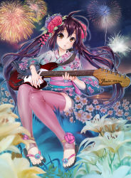 Rule 34 | 1girl, aerial fireworks, daffodil, electric guitar, feet, fender mustang, fireworks, flower, guitar, hair flower, hair ornament, instrument, japanese clothes, k-on!, kimono, lily (flower), maruyama, nakano azusa, pink thighhighs, sandals, slippers, solo, thighhighs, toeless legwear, toes, twintails