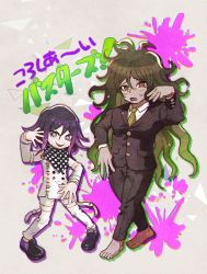 Rule 34 | 2boys, :d, aoki (fumomo), barefoot, black jacket, black pants, brown hair, buttons, checkered clothes, checkered scarf, collared shirt, danganronpa (series), danganronpa v3: killing harmony, double-breasted, glasses, gokuhara gonta, green hair, green necktie, grey jacket, grey pants, hair between eyes, jacket, long hair, long sleeves, looking at viewer, male focus, messy hair, multiple boys, necktie, nintendo, open mouth, oma kokichi, pants, pink background, pink hair, round eyewear, scarf, shirt, smile, splatoon (series), standing, translation request, v-shaped eyebrows