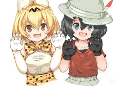 Rule 34 | &gt;:3, &gt;:d, 10s, 2girls, :3, :d, animal ears, bad id, bad pixiv id, black gloves, black hair, blonde hair, blue eyes, blush, bow, bowtie, brown hair, bucket hat, claw pose, collarbone, elbow gloves, fangs, gloves, hair between eyes, hat, hat feather, high-waist skirt, kaban (kemono friends), kemono friends, looking at viewer, multiple girls, o (rakkasei), open mouth, red shirt, serval (kemono friends), serval print, shirt, short hair, short sleeves, simple background, skirt, sleeveless, sleeveless shirt, smile, upper body, v-shaped eyebrows, white background, white shirt