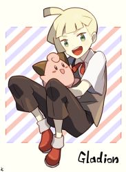 Rule 34 | 1boy, aged down, blonde hair, bow, bowtie, character name, child, cleffa, creatures (company), game freak, gen 2 pokemon, gladion (pokemon), green eyes, hair over one eye, hug, kanade (unchi knd280), male focus, nintendo, open mouth, pokemon, pokemon (creature), pokemon sm, short hair, shorts, sitting, smile, vest