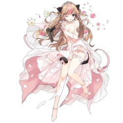 Rule 34 | 1girl, anklet, blue eyes, blush, bouquet, breasts, bridal garter, bridal veil, brown hair, character name, cleavage, covering privates, covering crotch, damaged, dress, earrings, fang, flower, full body, gem, girls&#039; frontline, gloves, gun, h&amp;k mark 23, hair ornament, hand up, handgun, heart, heart earrings, heckler &amp; koch, high heels, jewelry, layered dress, leg up, long hair, looking at viewer, match grade, match grade firearm, match grade pistol, medium breasts, mk23 (conveyed feelings) (girls&#039; frontline), mk23 (girls&#039; frontline), multicolored hair, navel, offensive handgun, official alternate costume, official art, one eye closed, open mouth, paw print, pearl (gemstone), pink dress, pink flower, pink ribbon, pink rose, ribbon, rose, sheska xue, shoes, single shoe, solo, strapless, strapless dress, streaked hair, tiara, torn clothes, transparent background, veil, weapon, wedding dress, white dress, white footwear, white gloves