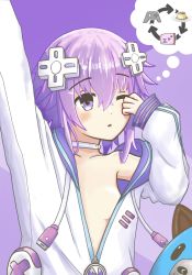 Rule 34 | 1girl, artist request, breasts, choker, d-pad, d-pad hair ornament, dogoo, female focus, hair ornament, highres, matching hair/eyes, neptune (neptunia), neptune (series), no bra, one eye closed, parka, purple eyes, purple hair, shin jigen game neptune vii, short hair, simple background, small breasts, solo, source request, thought bubble, zzz