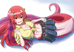 Rule 34 | 1girl, :d, absurdres, belt, blue skirt, breasts, brown belt, cleavage, collarbone, commentary request, crossed bangs, fang, hair between eyes, hair ornament, hairclip, highres, lamia, large breasts, long hair, looking at viewer, lying, midriff, miia (monster musume), monster girl, monster musume no iru nichijou, nail polish, navel, on side, open mouth, plaid, plaid skirt, pleated skirt, pointy ears, red hair, red nails, scales, shadow, shirt, sidelocks, simple background, skirt, sleeves rolled up, slit pupils, smile, solo, textless version, tied shirt, togenomaru, unmoving pattern, white background, yellow eyes, yellow shirt