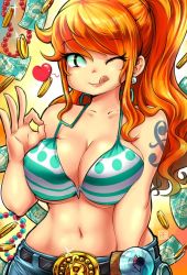 Rule 34 | 1girl, alternate hairstyle, beads, bikini, bikini top only, breasts, cleavage, gold, heart, jewelry, kenron toqueen, licking lips, long hair, looking at viewer, money, nami (one piece), necklace, one eye closed, one piece, orange hair, solo, swimsuit, tongue, tongue out, wink