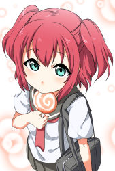 Rule 34 | 10s, 1girl, aqua eyes, bag, bubble background, candy, commentary request, food, from above, highres, kurosawa ruby, lollipop, looking at viewer, looking up, love live!, love live! sunshine!!, neckerchief, red hair, school bag, school uniform, serafuku, short sleeves, simple background, solo, toko (tenerezza666), two side up