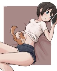 Rule 34 | 1girl, absurdres, akts625, artist name, bed sheet, black hair, blue eyes, blush, breasts, brown background, cellphone, chikuwa (yurucamp), closed eyes, clothes lift, collarbone, commentary, dog, dolphin shorts, feet out of frame, hair between eyes, highres, holding, holding phone, knees up, light blush, looking at phone, navel, outside border, petting, phone, romaji commentary, saitou ena, shirt, shirt lift, short hair, short shorts, short sleeves, shorts, signature, small breasts, smartphone, smile, solo, stomach, t-shirt, very short hair, white shirt, yurucamp