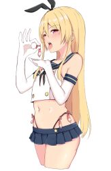 Rule 34 | 1boy, baretto (karasi07), black neckerchief, black panties, blonde hair, blue sailor collar, blue skirt, colored condom, condom, condom belt, cosplay, crop top, crossdressing, elbow gloves, gloves, highleg, highleg panties, highres, holding, holding condom, kantai collection, long hair, male focus, microskirt, multiple condoms, navel, neckerchief, open mouth, panties, pleated skirt, purple eyes, sailor collar, shimakaze-kun, shimakaze (kancolle), shimakaze (kancolle) (cosplay), shimakaze (kantai collection), skirt, solo, thong, tongue, tongue out, trap, underwear, used condom, white gloves