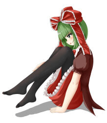 Rule 34 | 1girl, black thighhighs, blunt bangs, bow, doge (jkdoge), frilled ribbon, frills, front ponytail, green eyes, green hair, hair bow, hair ribbon, highres, kagiyama hina, no shoes, puffy short sleeves, puffy sleeves, red bow, red ribbon, ribbon, short sleeves, simple background, smile, solo, thighhighs, touhou, white background