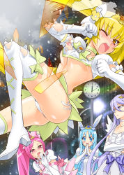 Rule 34 | 10s, 2011, 4girls, blonde hair, blush, bow, breasts, brooch, covered erect nipples, cure blossom, cure blossom (super silhouette), cure marine, cure marine (super silhouette), cure moonlight, cure sunshine, cure sunshine (super silhouette), hanasaki tsubomi, heart, heart brooch, heartcatch precure!, high heels, jewelry, kurumi erika, legs, long hair, long legs, magical girl, medium breasts, multiple girls, myoudouin itsuki, new year, open mouth, pink bow, pink eyes, pink hair, pink skirt, precure, red eyes, satou shouji, shoes, skirt, small breasts, thighhighs, thighs, tsukikage yuri, white legwear, yellow eyes, yellow skirt