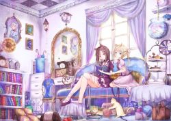 Rule 34 | 2girls, animal, animal ears, black dress, black footwear, blonde hair, blue eyes, blush, book, brown hair, cake, cat, cat ears, chair, checkered ceiling, clock, closed mouth, couch, cuckoo clock, cup, curtains, dart, dartboard, day, dress, fishbowl, flower pot, food, fork, fringe trim, hair rings, holding, holding book, indoors, kinom (sculpturesky), long hair, looking at viewer, mirror, multiple girls, on couch, open book, original, phonograph, photo (object), pillow, plate, puffy short sleeves, puffy sleeves, red eyes, reflection, shelf, shirt, shoes, short sleeves, single shoe, sitting, skirt, sunlight, table, teacup, tiered tray, twintails, vanity table, very long hair, wall lamp, water, white shirt, white skirt, window, yarn, yarn ball