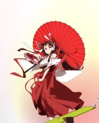 Rule 34 | 1girl, bamboo, bare shoulders, bow, brown hair, commentary, detached sleeves, hair bow, hakurei reimu, highres, holding, holding umbrella, light rays, long hair, looking at viewer, oil-paper umbrella, parted lips, purple eyes, red bow, red ribbon, ribbon, ribbon-trimmed sleeves, ribbon trim, sakura sora, shishi odoshi, solo, touhou, umbrella, water