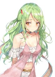 Rule 34 | 1girl, arms behind back, bare shoulders, blush, braid, breasts, character request, choker, cleavage, collarbone, earrings, green hair, hair ornament, heart, heart earrings, heart hair ornament, highres, jewelry, light smile, lingerie, long hair, looking to the side, midriff, momoko (momopoco), nail polish, navel, negligee, pink nails, simple background, smile, solo, underwear, white background, yellow eyes