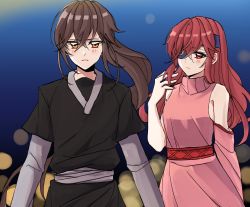 Rule 34 | 1boy, 1girl, black shirt, blush, brown hair, closed mouth, commentary, crossed bangs, detached sleeves, dress, eyepatch, hair between eyes, highres, hwa ryun, jyu viole grace, kasuga kaya, long hair, one eye covered, pink dress, ponytail, red eyes, red hair, shirt, single detached sleeve, symbol-only commentary, tower of god, twenty-fifth bam, upper body, very long hair, yellow eyes
