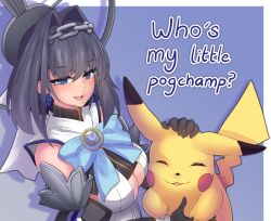 Rule 34 | 1girl, absurdres, black hair, blue eyes, breasts, cleavage cutout, clothing cutout, creatures (company), english text, closed eyes, game freak, gen 1 pokemon, hair intakes, happy, headpat, highres, hololive, hololive english, kazukoto, meme, nintendo, ouro kronii, pikachu, pokemon, pokemon (creature), smile, underboob, virtual youtuber