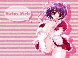 Rule 34 | 1girl, blush, choker, dress, embarrassed, feet, frills, hair ribbon, lace, lace-trimmed panties, lace trim, leg lift, maid, mouth hold, panties, pantyshot, pink panties, purple eyes, purple hair, ribbon, shaa, shadow, short hair, sitting, solo, strap slip, striped clothes, striped panties, sweatdrop, thighhighs, underwear, undressing, wallpaper, white thighhighs