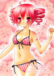 Rule 34 | 1girl, bikini, blush, breasts, caramelbox, cleavage, drill hair, front-tie top, kasane teto, long hair, looking at viewer, navel, plaid, red eyes, red hair, side-tie bikini bottom, smile, solo, swimsuit, traditional media, twin drills, twintails, utau, vocaloid