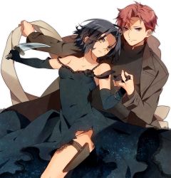 Rule 34 | 00s, 1boy, 1girl, baccano!, black flower, black hair, black rose, bracelet, brown eyes, brown hair, chane laforet, claire stanfield, coat, couple, dancing, dress, elbow gloves, flower, gloves, hand grab, hetero, holding hands, jewelry, knife, murakami yuichi, rose, short hair, strap slip, thigh strap, torn clothes, yellow eyes