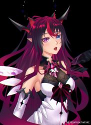 Rule 34 | 1girl, bare shoulders, blue eyes, crystal, crystal wings, gloves, heterochromia, highres, hololive, hololive english, irys (hololive), open mouth, purple eyes, purple hair, seraphim throne, solo, virtual youtuber, wings