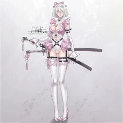 Rule 34 | 1girl, 2b (nier:automata), alternate costume, belt, blue eyes, bow, breasts, buckle, cleavage cutout, clothing cutout, detached sleeves, full body, garter straps, gradient background, grey background, heart-ring, heart cutout, heels, highres, katana, large breasts, nails, nier:automata, nier (series), princess ailish, skirt, sword, thighhighs, weapon, white hair, white thighhighs