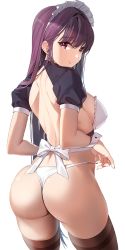 1girl alternate_costume ass backless_outfit bare_back brown_thighhighs commentary damda enmaided fate/grand_order fate_(series) from_behind highres long_hair looking_at_viewer looking_back maid maid_headdress panties purple_hair red_eyes scathach_(fate) short_sleeves simple_background solo thigh_gap thighhighs thong underwear white_background white_panties