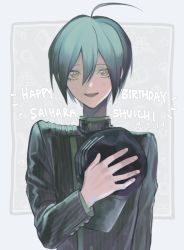 Rule 34 | 1boy, :d, ahoge, alternate hair color, black hair, blush, brown eyes, buttons, character name, danganronpa (series), danganronpa v3: killing harmony, dated, green hair, grey background, happy birthday, hat, holding, holding clothes, holding hat, jacket, laaaicha, long sleeves, looking at viewer, male focus, open mouth, saihara shuichi, short hair, smile, solo, striped clothes, striped jacket, teeth, unworn hat, unworn headwear, upper body, upper teeth only