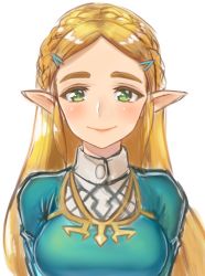 Rule 34 | 1girl, blonde hair, breasts, closed mouth, green eyes, hair ornament, hairclip, long hair, looking at viewer, nintendo, nyantiu, pointy ears, princess zelda, simple background, smile, solo, the legend of zelda, the legend of zelda: breath of the wild, white background