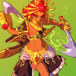 Rule 34 | 1girl, abs, armor, breasts, dark-skinned female, dark skin, earrings, electricity, feet out of frame, gold, green background, green eyes, holding, holding weapon, jewelry, lips, looking at viewer, muscular, muscular female, navel, nintendo, orange hair, pointy nose, riju, small breasts, smile, the art mage, the legend of zelda, the legend of zelda: tears of the kingdom, weapon