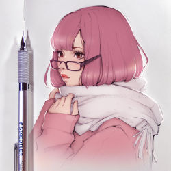 Rule 34 | 1girl, arms up, asia ladowska, black-framed eyewear, brown eyes, coat, comic, commentary, english commentary, eyelashes, glasses, lips, long sleeves, mechanical arms, nose, paper, parted bangs, patreon username, photo (medium), pink coat, pink hair, scarf, single mechanical arm, solo, staedtler, upper body, watermark, web address, white scarf