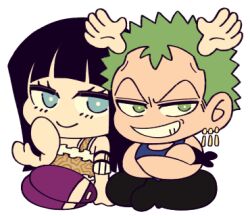 Rule 34 | 1boy, 1girl, armlet, black hair, black pants, blue eyes, blue tank top, blunt bangs, chibi, chibi only, crossed arms, earrings, extra arms, green hair, grin, indian style, jewelry, line sticker available, lowres, medium hair, nico robin, one piece, pants, purple pants, roronoa zoro, shirt, short hair, sitting, smile, tank top, wl6yugi8go1, yellow shirt