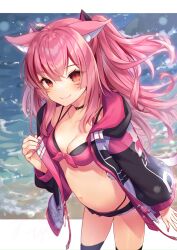 Rule 34 | 1girl, animal ear fluff, animal ears, bikini, bikini under clothes, black bikini, black choker, black jacket, black shorts, black thighhighs, blush, breasts, cat ears, cat girl, cat tail, choker, cleavage, closed mouth, collarbone, commentary request, commission, facial mark, final fantasy, final fantasy xiv, hair between eyes, hand up, highres, hood, hood down, hooded jacket, jacket, leaning forward, long sleeves, looking at viewer, miqo&#039;te, nail polish, open clothes, open jacket, pink bikini, pink hair, pink nails, ponytail, puffy long sleeves, puffy sleeves, red eyes, short shorts, shorts, skeb commission, small breasts, smile, solo, swimsuit, tahya, tail, thighhighs, warrior of light (ff14), water, whisker markings