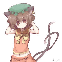 Rule 34 | 1girl, animal ears, arms up, bare arms, blush, bow, brown eyes, brown hair, cat ears, cat girl, cat tail, chen, earrings, female focus, hand in own hair, hat, highres, jewelry, midriff, mob cap, multiple tails, navel, nekomata, simple background, single earring, skirt, skirt set, sleeveless, solo, suama unagi, tail, touhou, twitter username, two tails, white background
