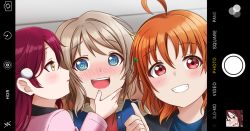 1girl, 3girls, absurdres, aqua eyes, artist name, artist request, baseball uniform, birthday, black jacket, blue eyes, blue shirt, blush, bow, breasts, brown hair, clover hair ornament, female focus, grey hair, hair between eyes, hair bow, hair ornament, hairclip, happy birthday, highres, jacket, light brown hair, looking at viewer, love live!, love live! sunshine!!, multiple girls, nail, nail polish, orange hair, parted lips, picture frame, pink jacket, pink nail polish, pink nails, red hair, red shirt, shirt, short braid, short hair, smile, solo, sportswear, taking picture, teeth, thumbs up, upper body, watanabe you, yellow bow