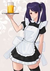 Rule 34 | 1girl, alcohol, alternate costume, apron, beer, beer mug, black dress, black thighhighs, blush, bow, breasts, commentary, contrapposto, cowboy shot, cup, dress, english commentary, enmaided, fiesta (fiesta303), highres, jill stingray, long hair, looking at viewer, maid, maid apron, mug, puffy short sleeves, puffy sleeves, purple hair, red eyes, short dress, short sleeves, small breasts, solo, standing, swept bangs, thighhighs, tray, twintails, va-11 hall-a, white bow, zettai ryouiki