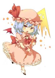 Rule 34 | &gt;:o, 1girl, :o, ascot, bat wings, black footwear, blue hair, blush, chibi, collared dress, detached wings, dress, frilled dress, frilled shirt collar, frilled sleeves, frills, full body, hair between eyes, hat, hat ribbon, holding, holding polearm, holding spear, holding weapon, kingyo (nikkorogashi), mob cap, open mouth, petticoat, pink dress, pink hat, polearm, puffy short sleeves, puffy sleeves, red ascot, red eyes, red ribbon, remilia scarlet, ribbon, ribbon-trimmed dress, shoes, short sleeves, simple background, socks, solo, spear, spear the gungnir, teeth, touhou, v-shaped eyebrows, vampire, weapon, white background, white socks, wings, wrist cuffs