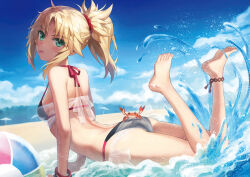 Rule 34 | 1girl, :p, ass, bare shoulders, beach, bikini, black bikini, blonde hair, blue sky, blush, braid, breasts, crab, day, fate/apocrypha, fate/grand order, fate (series), feet, feet up, french braid, green eyes, hair ornament, hair scrunchie, highres, legs, long hair, looking at viewer, medium breasts, mordred (fate), outdoors, parted bangs, ponytail, red scrunchie, revision, scrunchie, side-tie bikini bottom, sidelocks, sky, smile, solo, swimsuit, thighs, toes, tonee, tongue, tongue out