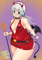 Rule 34 | 1girl, bat wings, blue eyes, blush, breasts, chain, cleavage, cuffs, demon tail, fake horns, fat, fork, halloween costume, headphones, horns, long hair, looking at viewer, low wings, medium breasts, nitroplus, open mouth, plump, shackles, side slit, silver hair, smile, solo, super taruco, tail, thick thighs, thighs, tsuji santa, wide hips, wings, wrist cuffs
